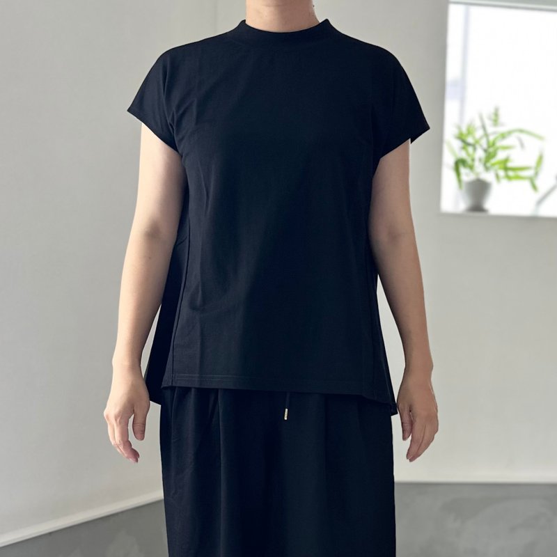 【接触凉感】法式袖口 斜裁线拼接套头衫 2色选【黑色】2025新款 - 女装 T 恤 - 尼龙 黑色