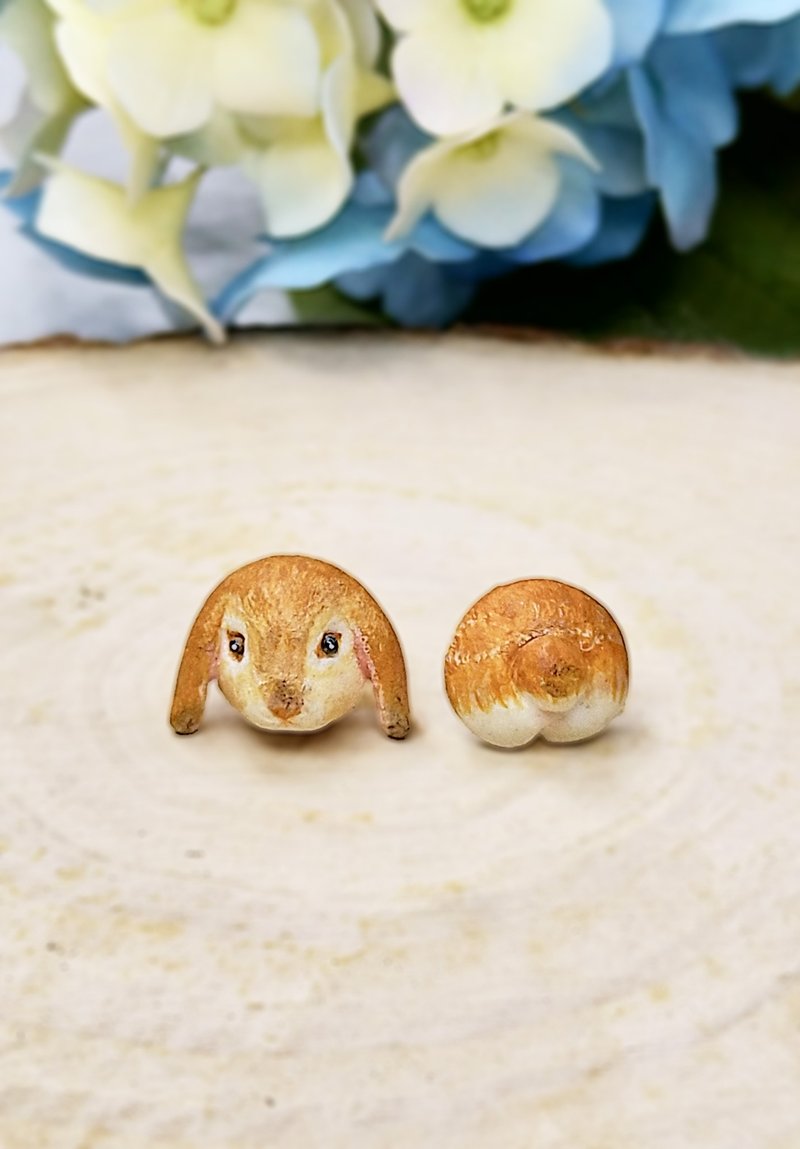 全手作 啡色垂耳兔耳环 防敏感耳针 耳钉/耳夹 - 耳环/耳夹 - 粘土 咖啡色