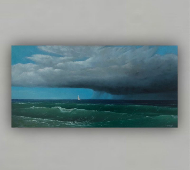 Original Seascape Oil Painting On Canvas Stormy Landscape Modern Art Sky Artwork - 墙贴/壁贴 - 棉．麻 多色