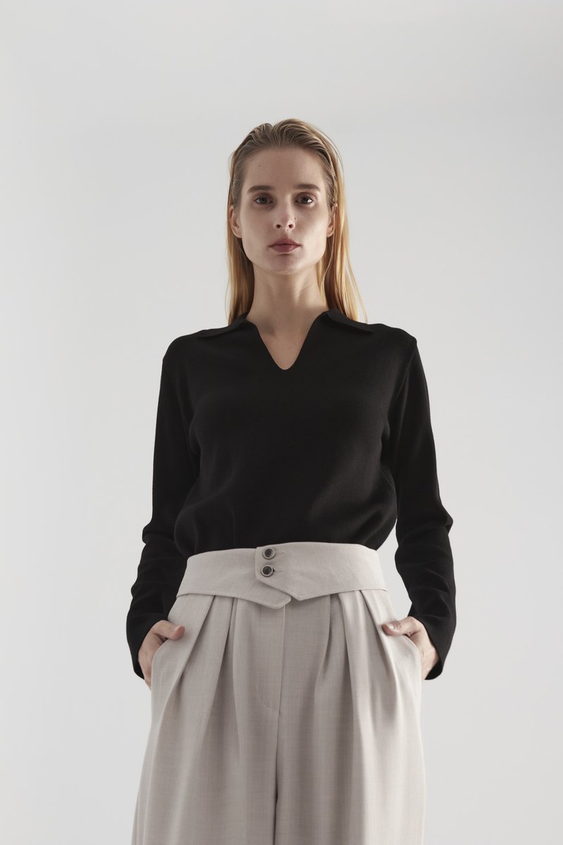 开襟钮扣高磅挺版针织上衣/黑 - 女装上衣 - 其他材质 