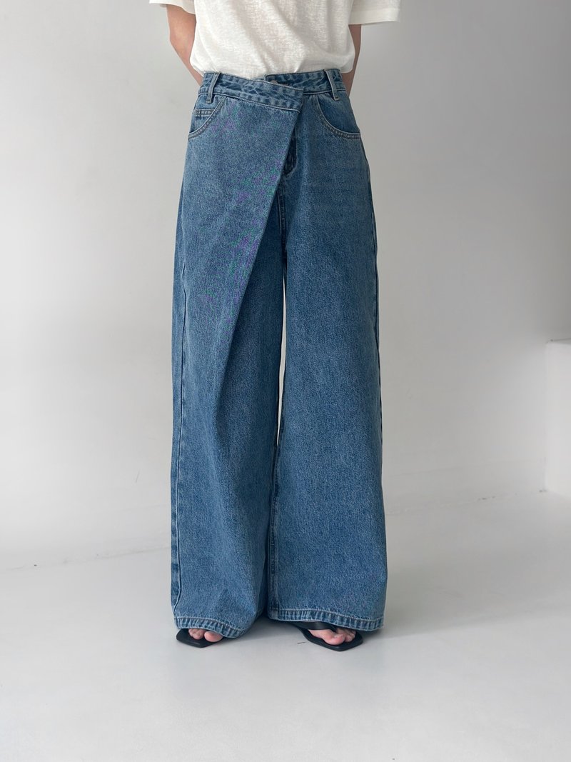 日系复古 极简斜扣慵懒牛仔裤 - 中性裤装 - 其他材质 蓝色