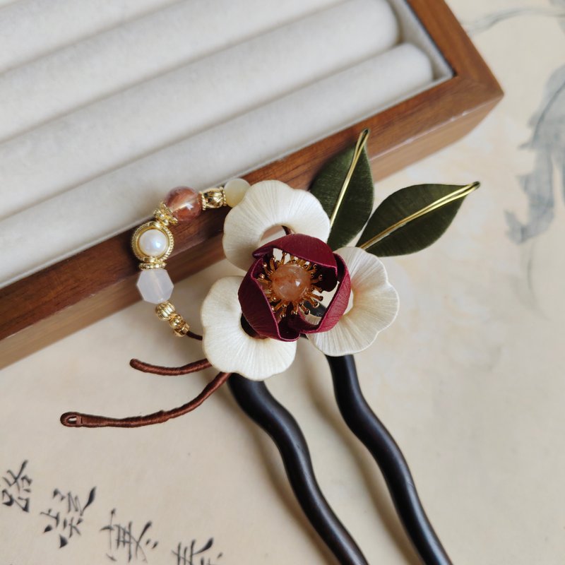 【嫣雪】天然石 春仔花 缠花 发簪 | 山茶花 红胶花 珍珠 玛瑙 - 发饰 - 绣线 多色