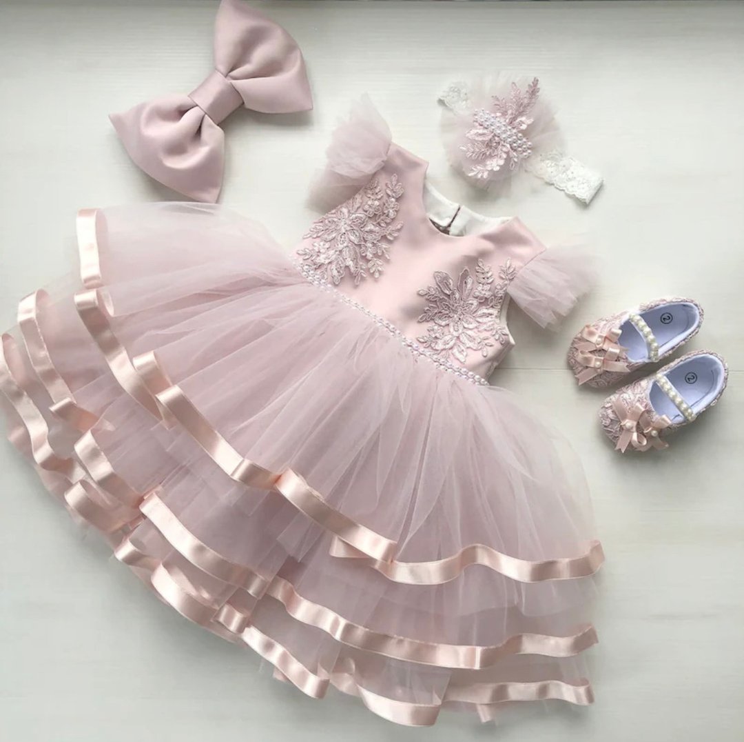 Blush pink dress with lace, ribbon and pearls, headband, shoes. Birthday dress. - 童装礼服/连衣裙 - 其他材质 粉红色