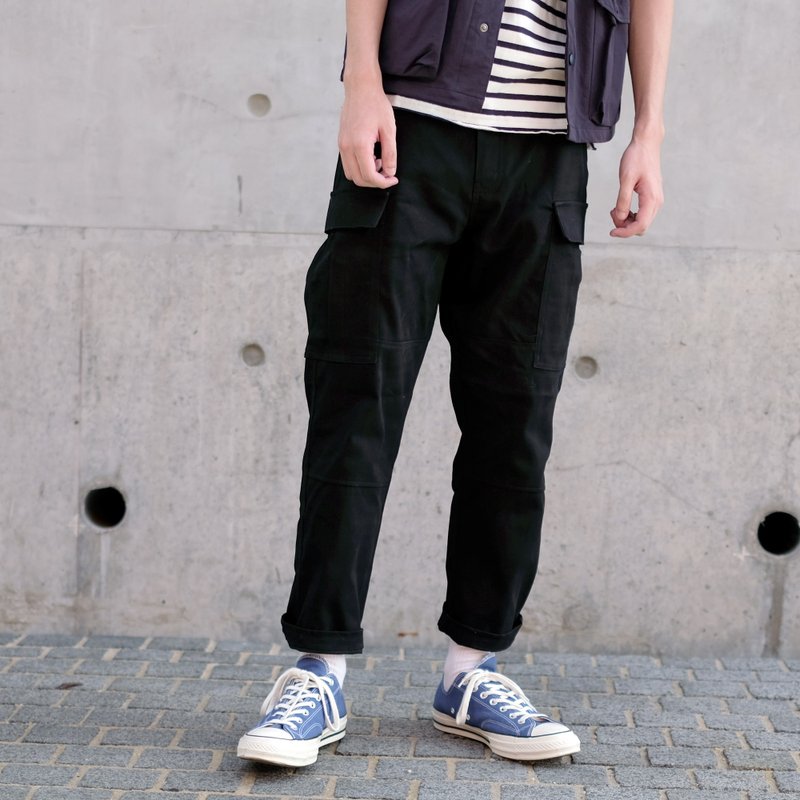 宽版双袋九分裤 /军裤/Cargo/Chino/Pants/简约/素色/情侣服 - 男士长裤 - 棉．麻 黑色