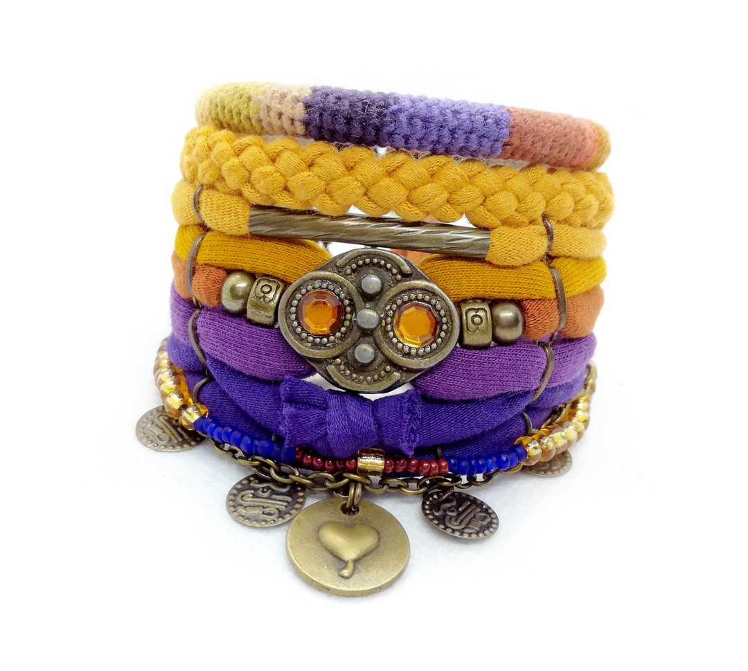 Boho Bracelet Set Yellow Purple Bohemian Bracelet Costume Jewelry Heart Charm - 手链/手环 - 棉 黄色