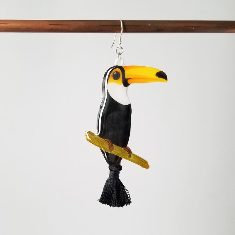 大嘴鸟黑色小流须耳环 - 耳环/耳夹 - 纯银 黑色