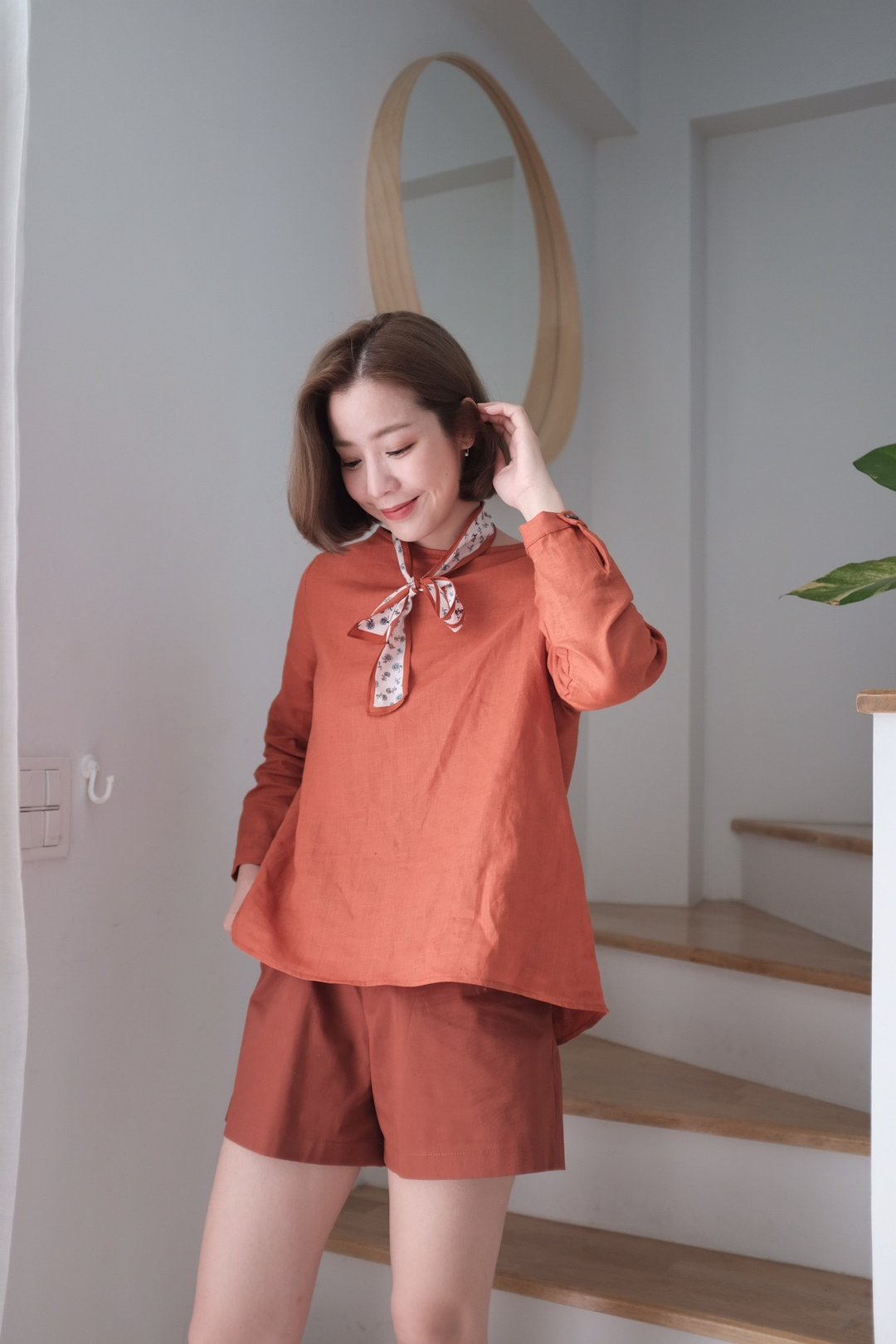 Kate set - Burnt Orange, Long sleeve linen top with high wai - 女装上衣 - 棉 橘色
