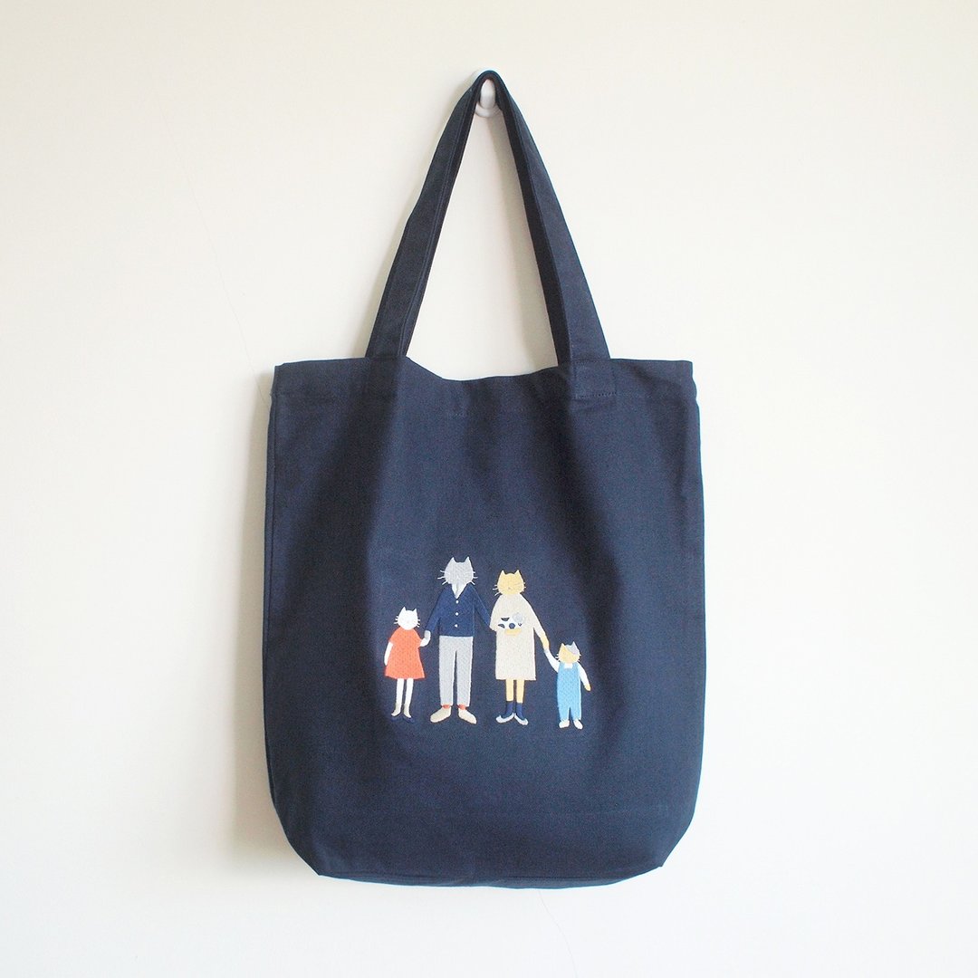 cat family tote bag : navy - 侧背包/斜挎包 - 棉 蓝色