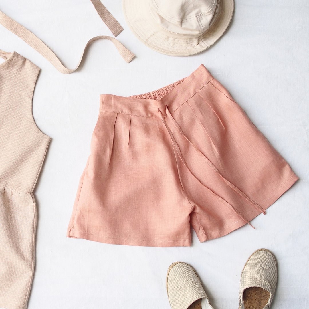 Linen Short Pants - Coral - 女装长裤 - 棉 粉红色