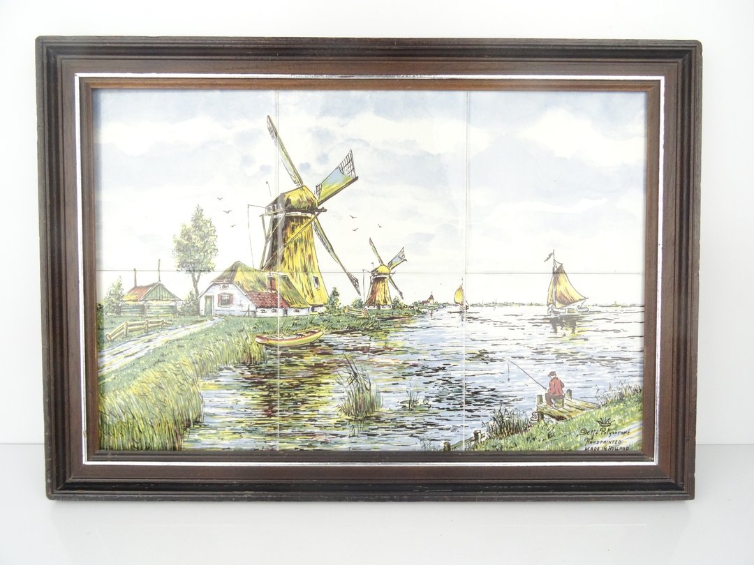 复古荷兰台夫特蓝瓷砖画 – 古董瓷器风车小屋，附框 - 墙贴/壁贴 - 陶 多色