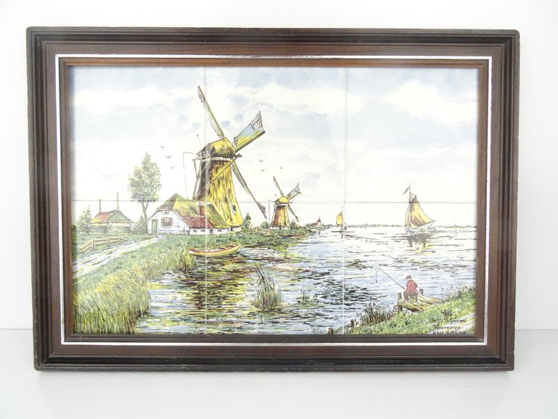 复古荷兰台夫特蓝瓷砖画 – 古董瓷器风车小屋，附框 - 墙贴/壁贴 - 陶 多色