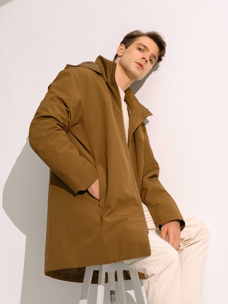 环保男性长版铺棉外套(2色) - 男装外套 - 聚酯纤维 咖啡色