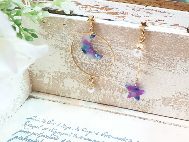 Paris*Le Bonheun。星月。手作耳环 - 耳环/耳夹 - 其他金属 紫色