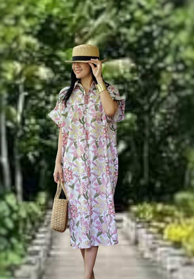 Prisha Dress (Indian Hand Block Print) White - 洋装/连衣裙 - 棉．麻 白色