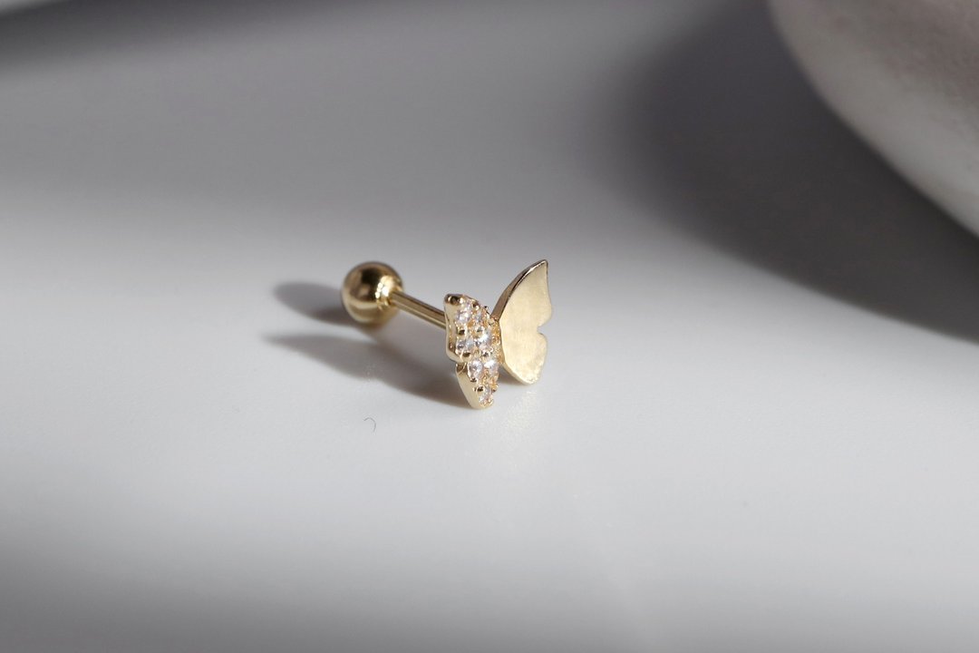 14K金。蝴蝶转珠耳环 - 耳环/耳夹 - 24k 金 金色