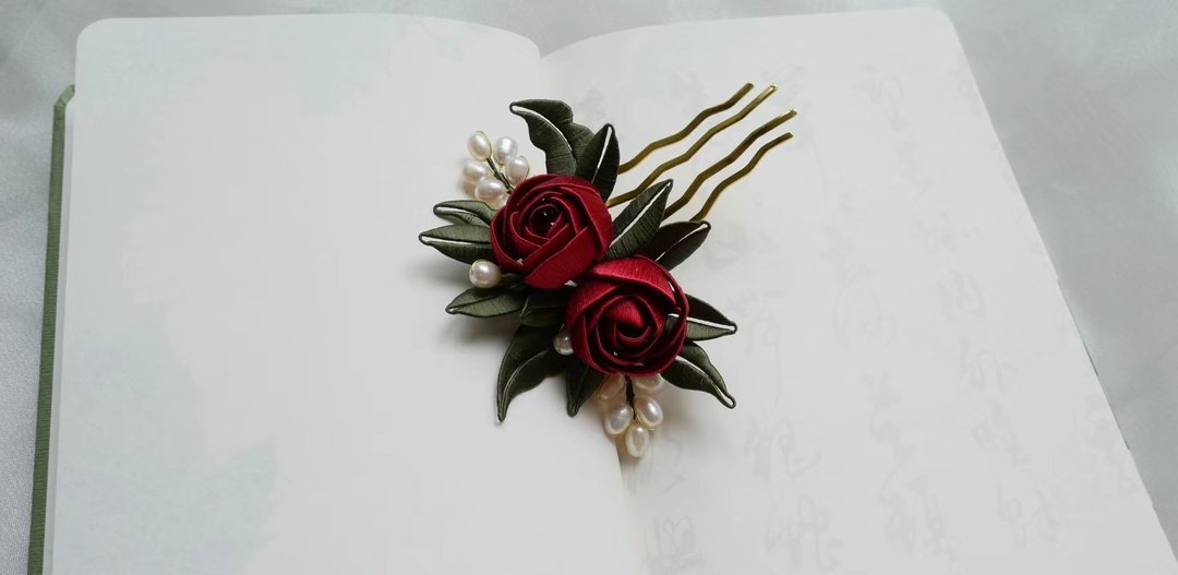 玫瑰花苞 渐变色 缠花发钗古风中式旗袍发饰婚嫁新娘汉服 可定制 - 发饰 - 绣线 红色