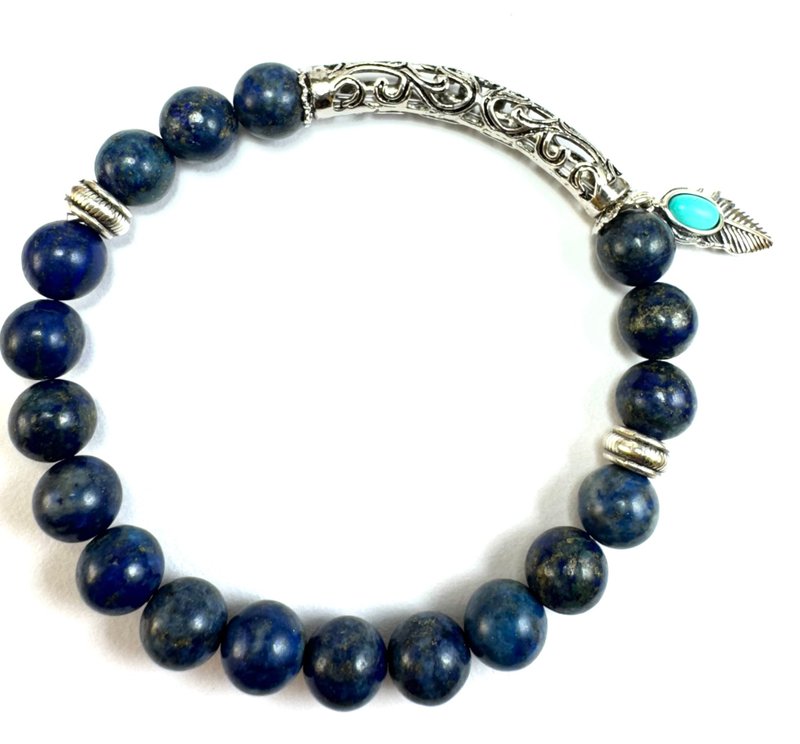 天然青金石 /泰银羽饰/雕花银管/质感蓝系设计 - 手链/手环 - 玉石 多色