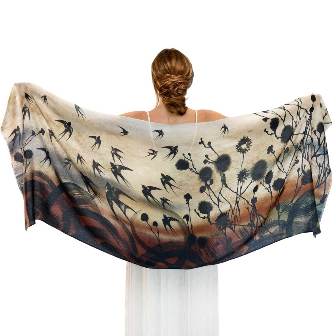 Swallows Scarf - Silk Cashmere - 丝巾 - 丝．绢 咖啡色