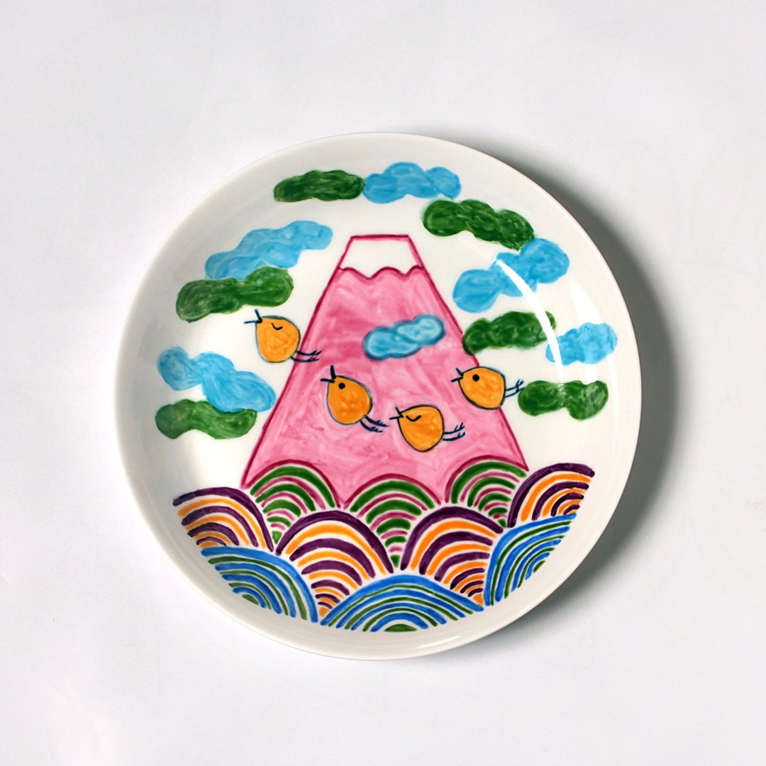 Mt. Fuji and the deep plate of wave zigzag, pink - 浅碟/小碟子 - 瓷 粉红色