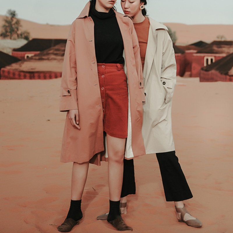 卡其色/红砖色 皱感纯棉质 中长款宽袖boyfriend中性风 翻领单排扣风衣外套  | vitatha 番塔塔原创设计独立女装品牌 - 女装休闲/机能外套 - 棉．麻 卡其色