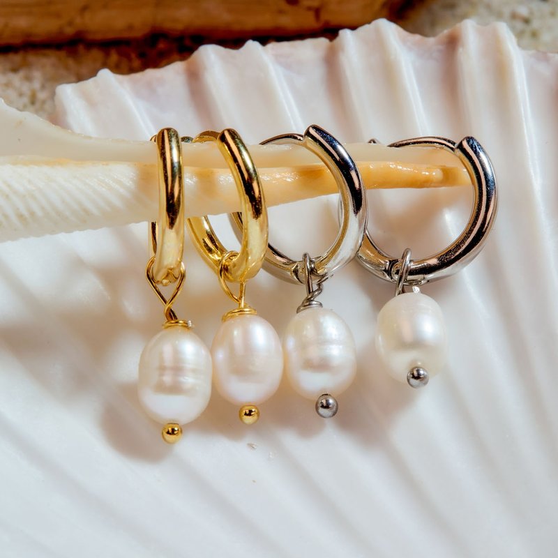 天然白色米型珍珠金银双色耳环 6-7mm 精致时尚 圣诞节礼物 - 耳环/耳夹 - 珍珠 白色