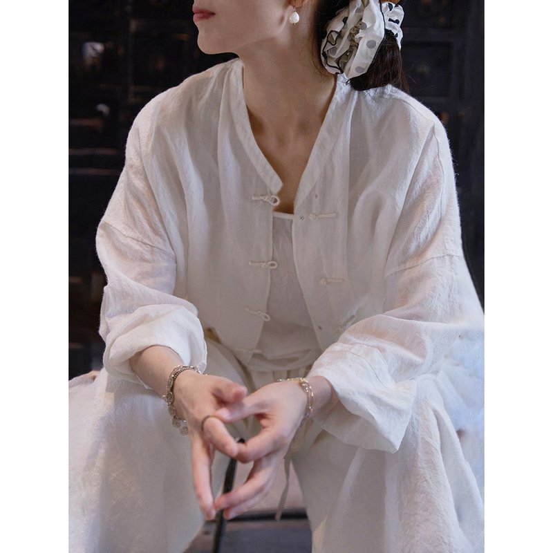 复古禅意汉服白色中式中长款麻衬衫 - 女装衬衫 - 棉．麻 
