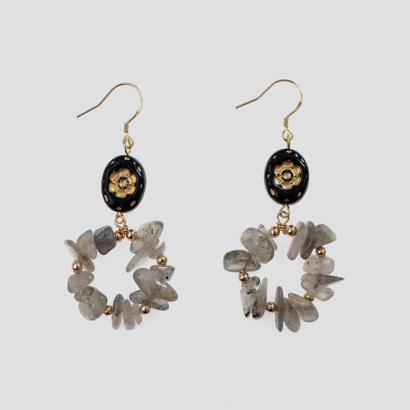 耳环 | Stone Blooms 浮花碎石 - 拉长石 - 耳环/耳夹 - 树脂 黑色