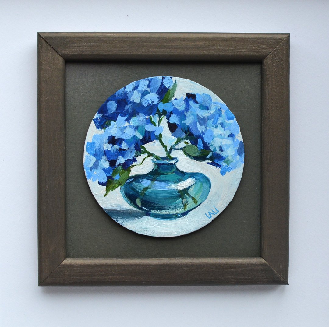 蓝色绣球花原创油画 10 厘米花卉静物绣球花带框 - 插画/绘画/写字 - 其他材质 蓝色