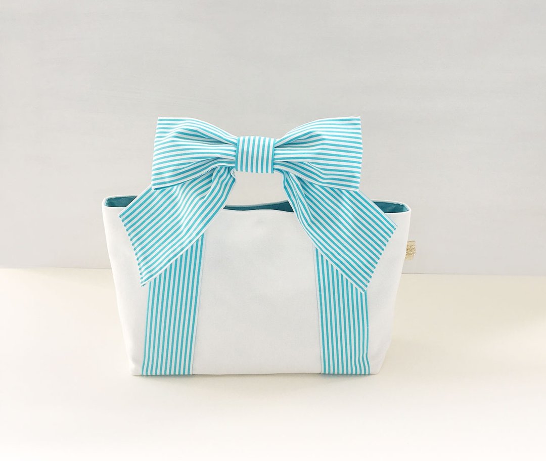 RIBBON TOTE BAG, Sky blue stripe, ribbon tote light blue stripe - 手提包/手提袋 - 棉 蓝色