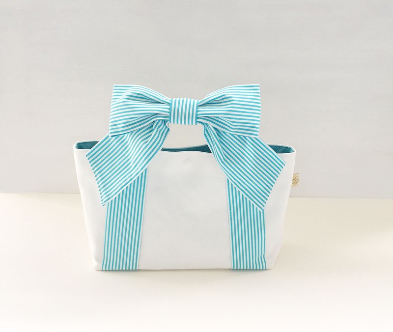 RIBBON TOTE BAG, Sky blue stripe, ribbon tote light blue stripe - 手提包/手提袋 - 棉．麻 蓝色