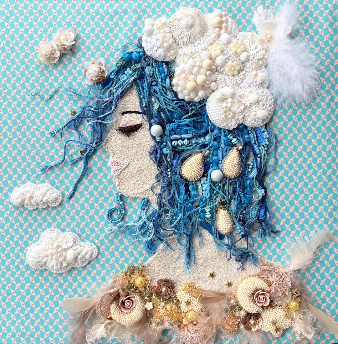 梦幻色彩的闪亮串珠刺绣艺术 作品名【遥远的地方思念】 - 墙贴/壁贴 - 绣线 白色
