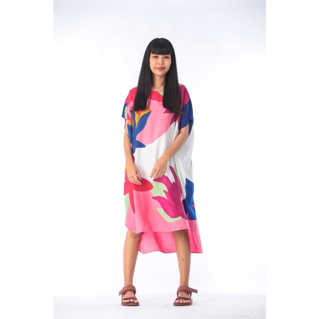 Hand Painted Cotton Rayon Kaftan for Summer Resort Vacation - 洋装/连衣裙 - 棉．麻 粉红色
