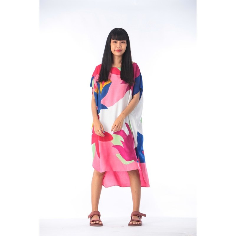 Hand Painted Cotton Rayon Kaftan for Summer Resort Vacation - 洋装/连衣裙 - 棉．麻 粉红色