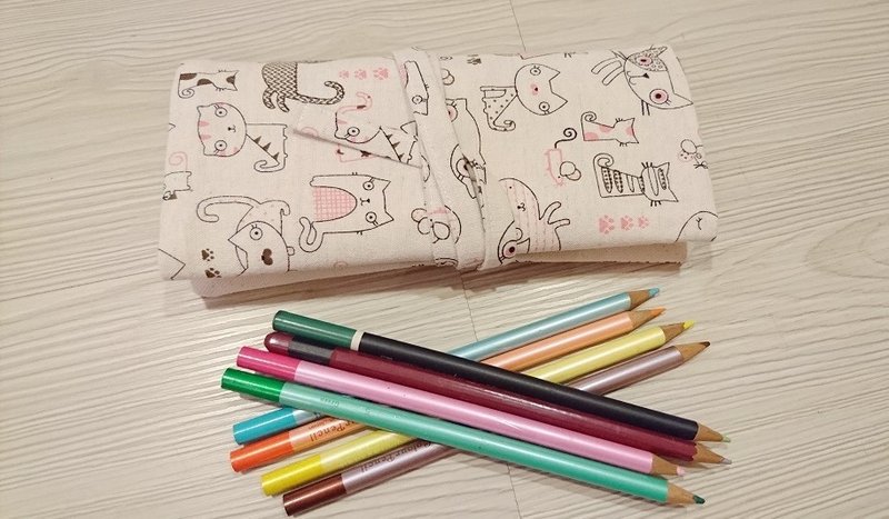 棉麻布笔袋 笔套 画笔袋 收纳袋 工具袋 俏猫咪 - 铅笔盒/笔袋 - 棉．麻 多色