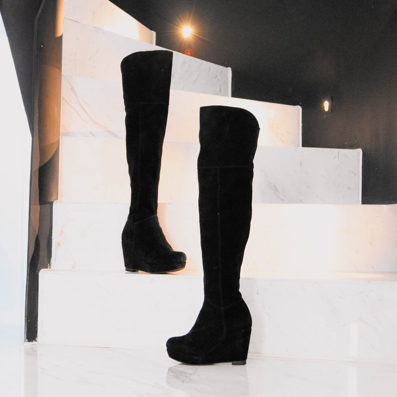 女童秋冬绒面两穿侧拉链圆头厚底过膝长靴亲子款中大童女段 - 童装鞋 - 聚酯纤维 黑色