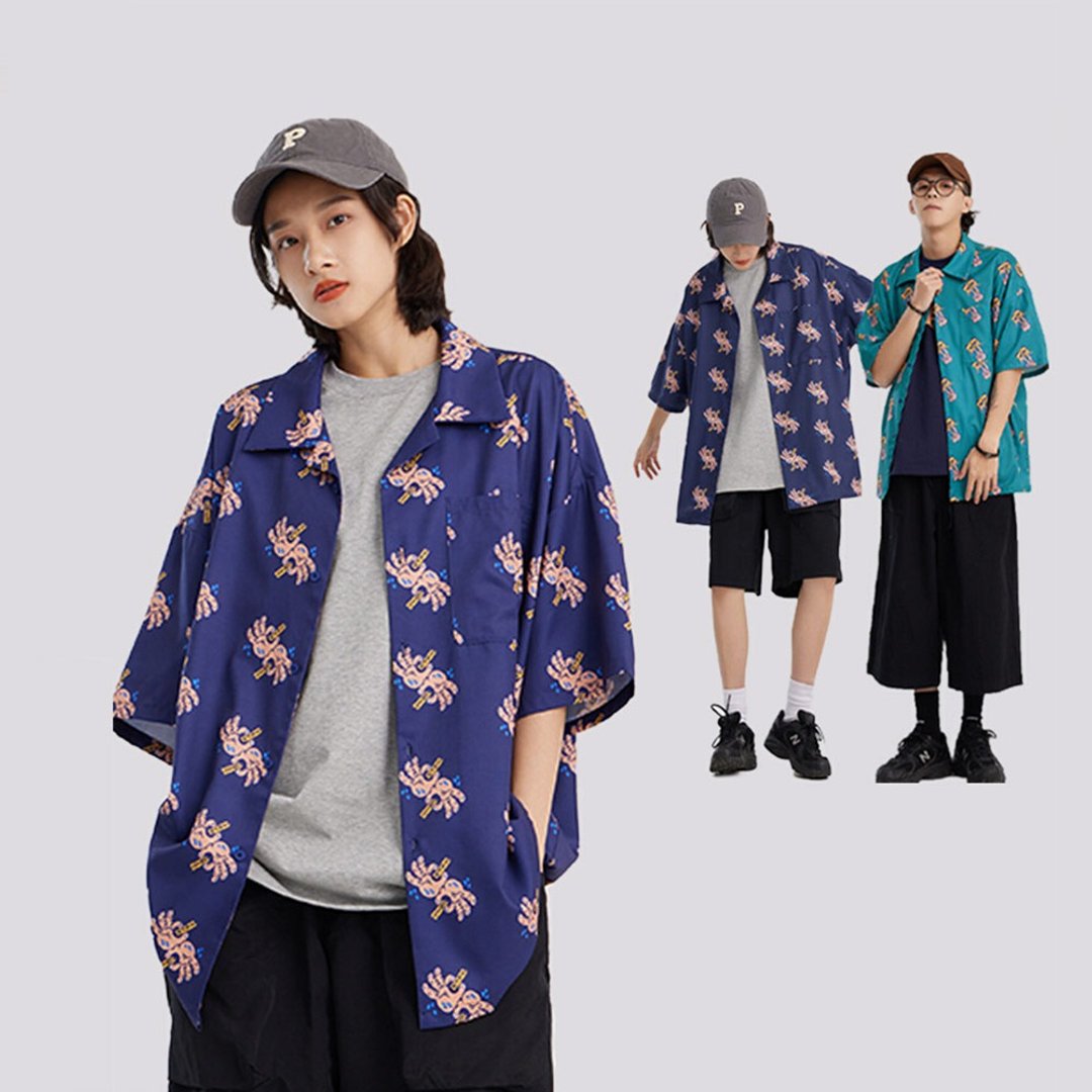 男女短袖衬衫情侣满印衬衣设计感度假上衣 - 男装衬衫 - 聚酯纤维 