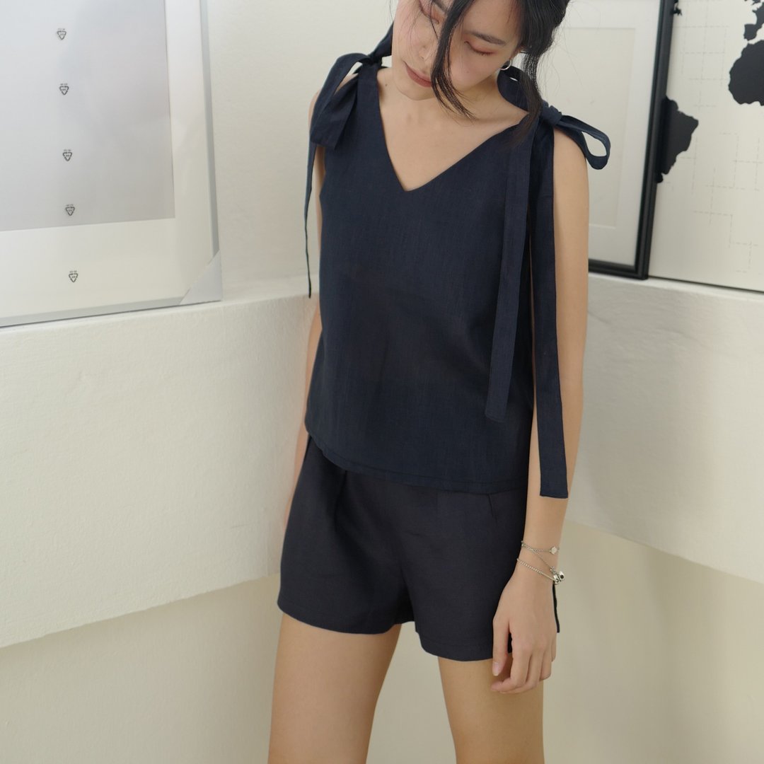 Bow Shoulder Top 2 (Navy) - 女装上衣 - 棉 蓝色