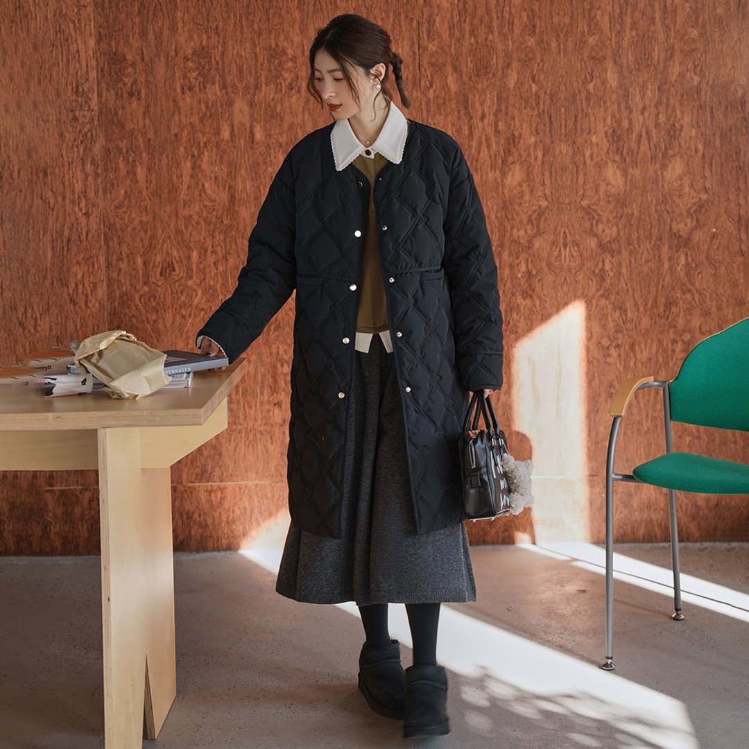 藏青色菱格长款羽绒服|外套|冬款|Sora-1396 - 女装休闲/机能外套 - 聚酯纤维 