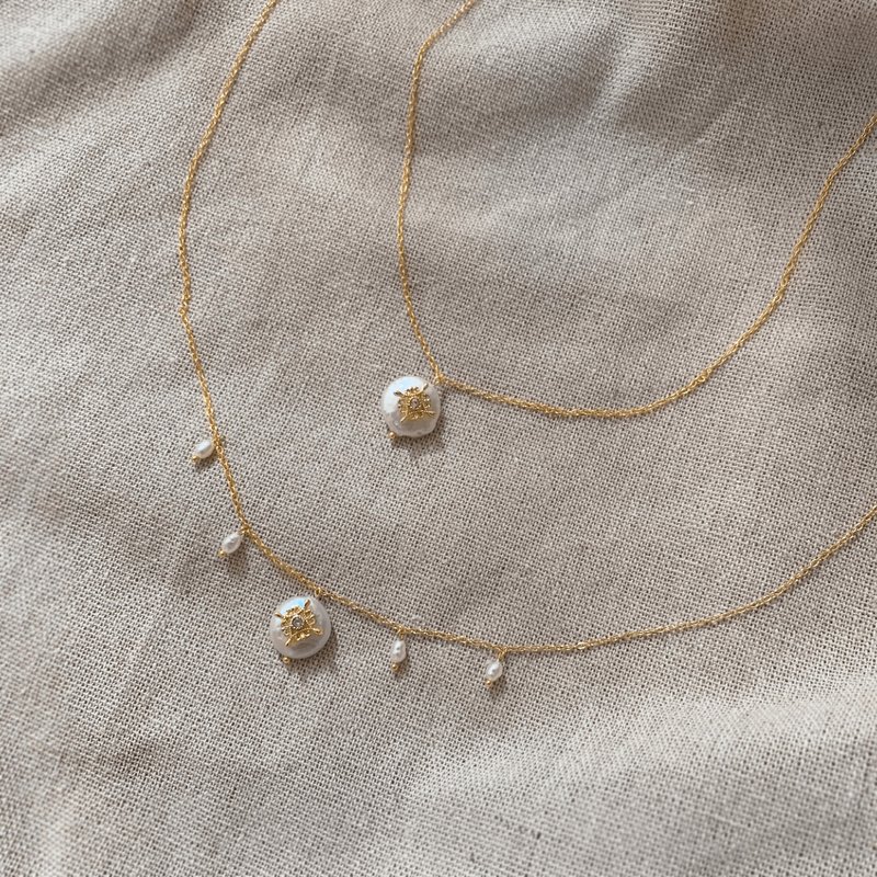 我的小太阳  |  复古细致扁圆巴洛克珍珠金色颈链 - 项链 - 珍珠 金色