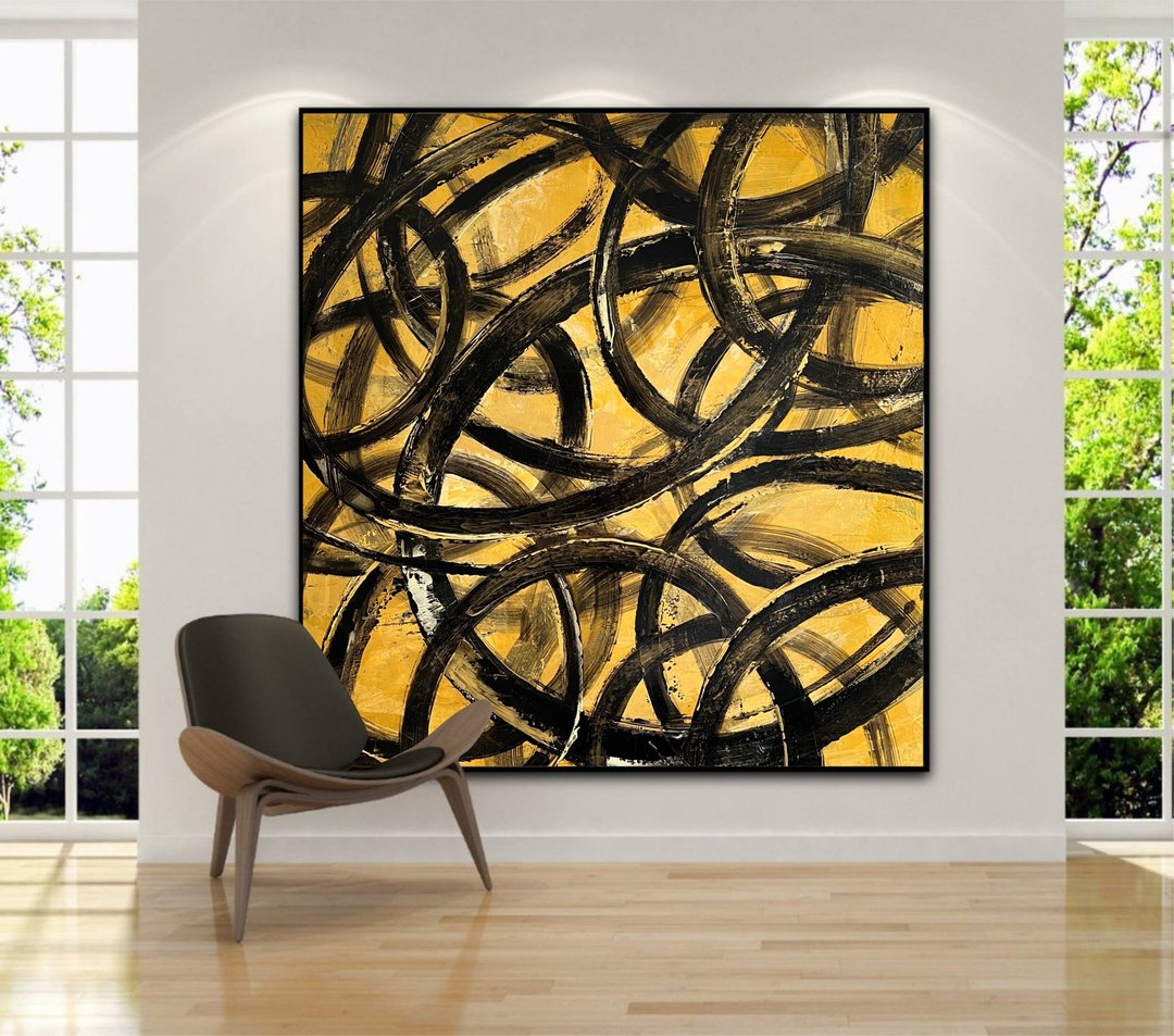 大型黑色圆圈黄色画布绘画，现代当代艺术品 - 墙贴/壁贴 - 压克力 黄色