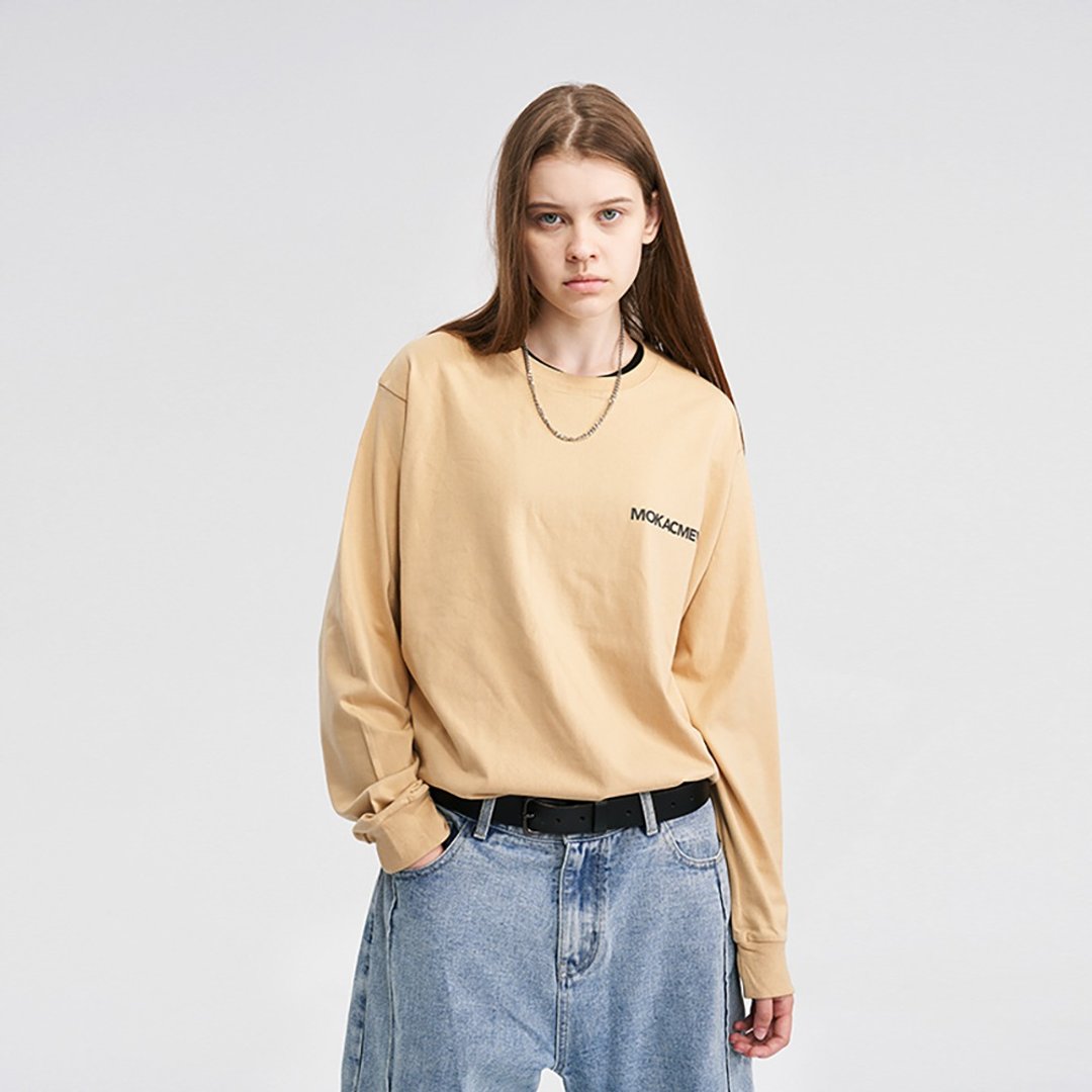 MOKACME 2022AW 秋冬260g基础LOGO印花长袖棉TEE - 男装上衣/T 恤 - 棉 卡其色