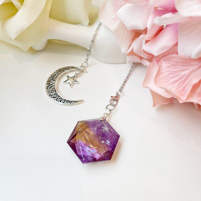 珍贵稀有天然彩虹紫黄晶 灵摆 紫晶 六芒星 项链 彩虹水晶吊坠 - 项链 - 水晶 多色