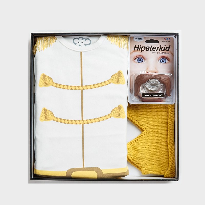 男婴经典礼盒组 - 白马王子 (台湾制MIT连身衣+皇冠帽+胡子奶嘴) - 满月礼盒 - 棉．麻 白色