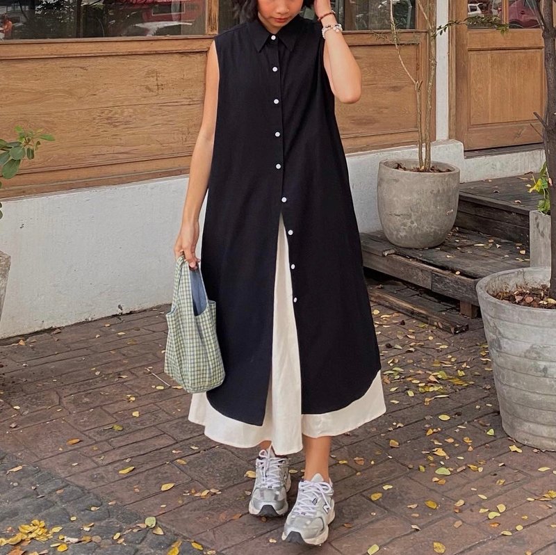 黑色无袖连衣裙 - 洋装/连衣裙 - 棉．麻 黑色