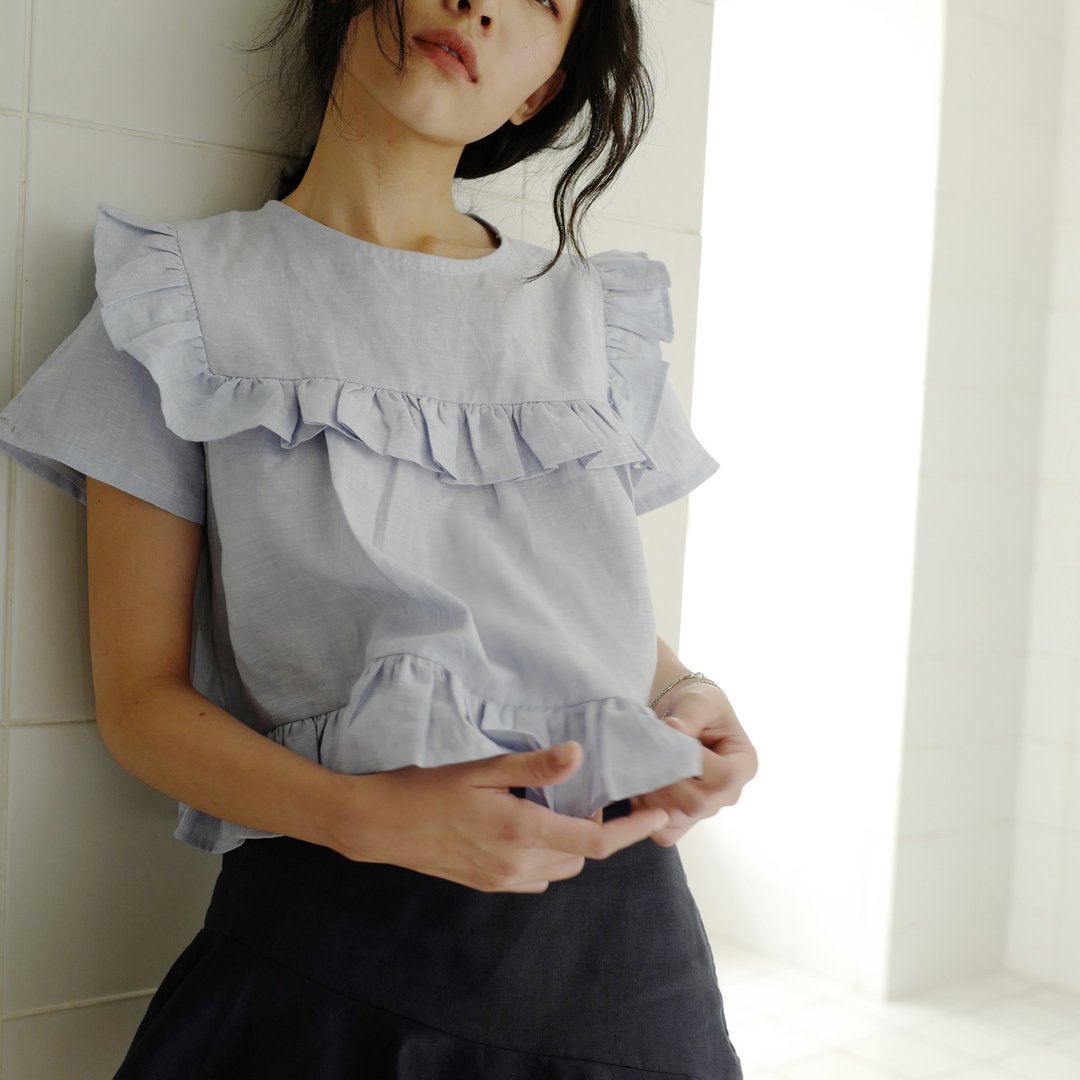 Ruffle Blouse - 女装上衣 - 棉 灰色