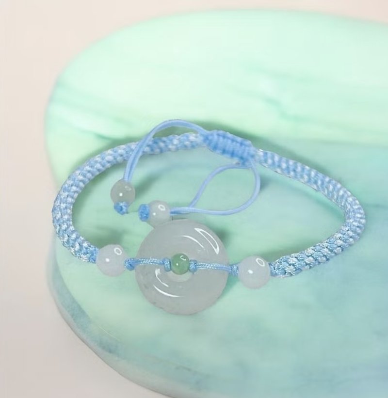 冰种翡翠平安扣编织手链 | 天然缅甸玉A货翡翠| 送礼 - 手链/手环 - 玉石 白色