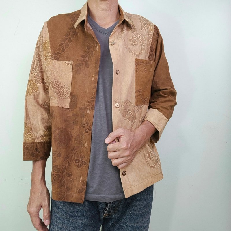 长袖衬衫外套，香蕉树胶天然染色蜡染 (A05) - 女装休闲/机能外套 - 棉．麻 咖啡色