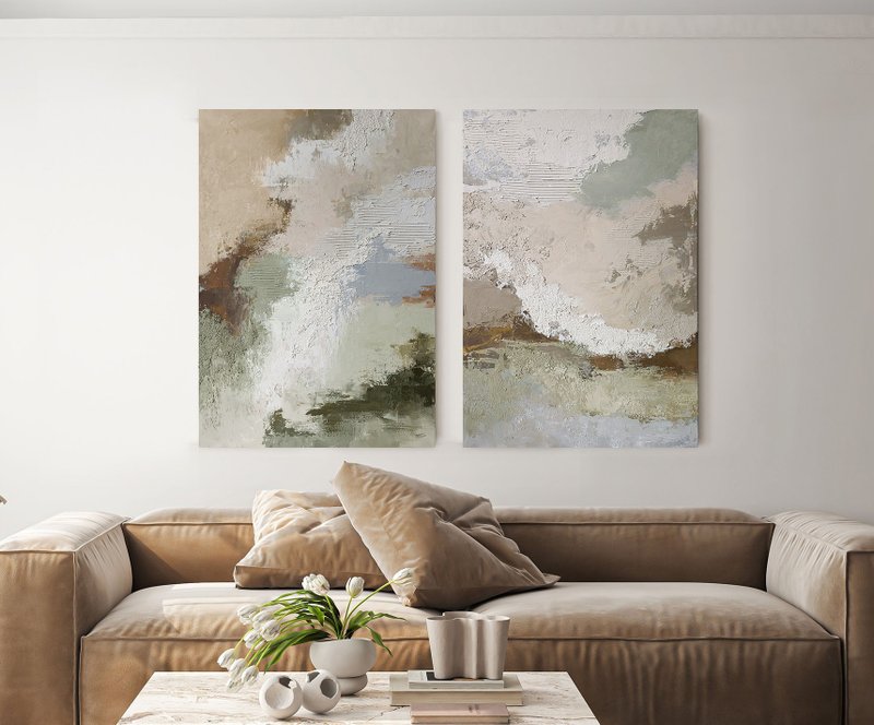 抽象米色鼠尾草绿灰画布 | Biege Fjord 套装 - 墙贴/壁贴 - 棉．麻 绿色