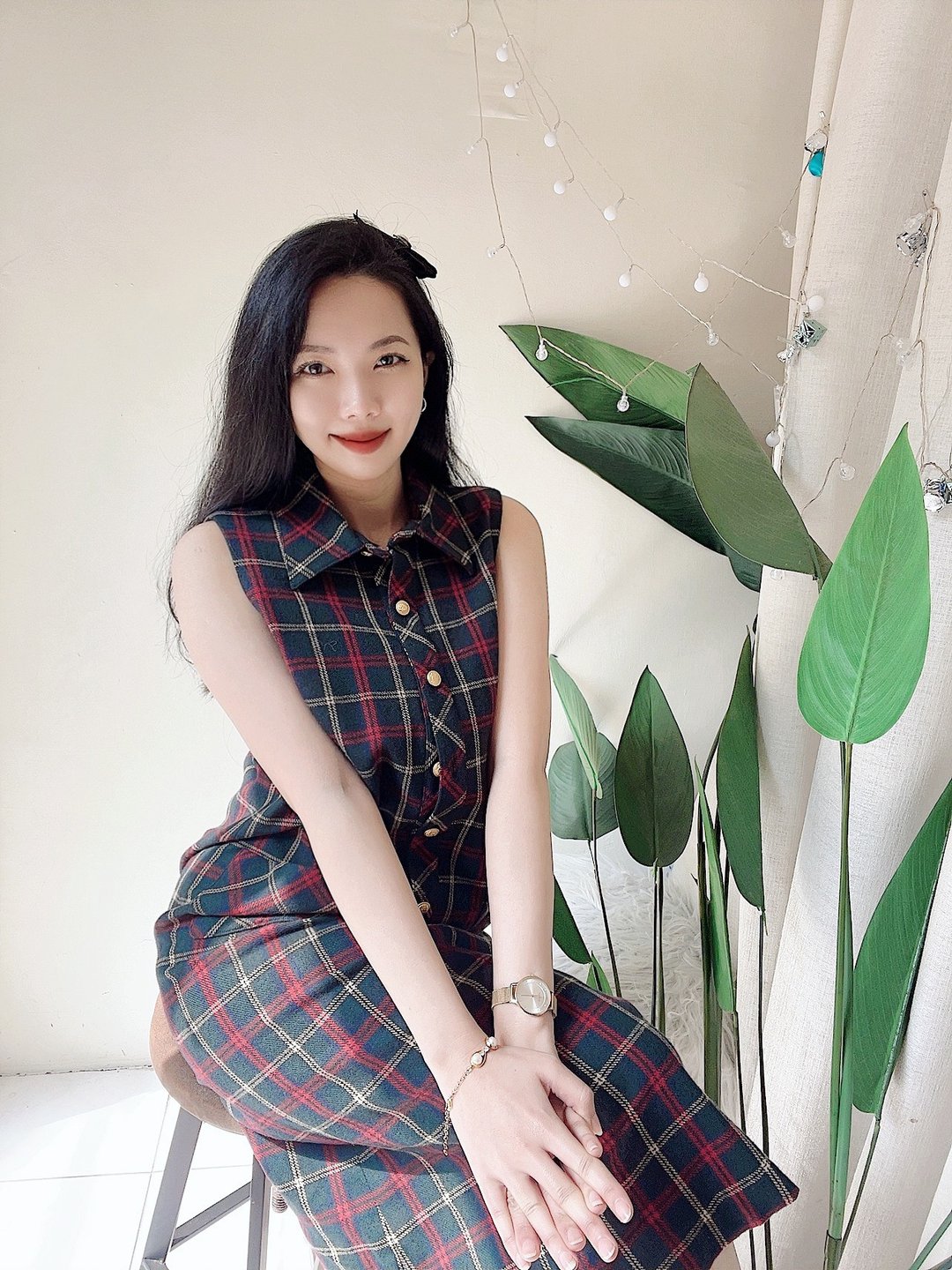 墨绿线红格纹金排扣直筒口袋 古董古着羊毛洋装连衣裙 vintage - 洋装/连衣裙 - 羊毛 绿色