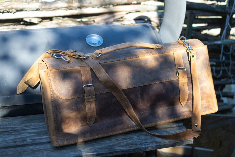 完整的烧烤工具卷套装带皮套的烧烤套件 - 皮件 - 真皮 